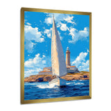 White Sailboat Leaving The Lighthouse Harbor Blue Sky - Boat Canvas Wall Art