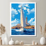 White Sailboat Leaving The Lighthouse Harbor Blue Sky - Boat Canvas Wall Art