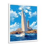 White Sailboat Leaving The Lighthouse Harbor Blue Sky - Boat Canvas Wall Art