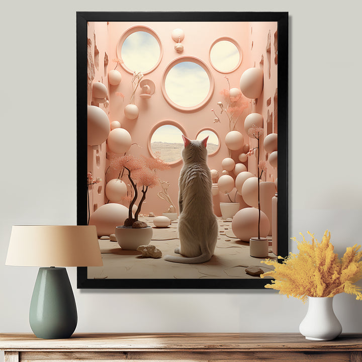 White Cat Pink Futuristic Interior - Cat Framed Canvas Art