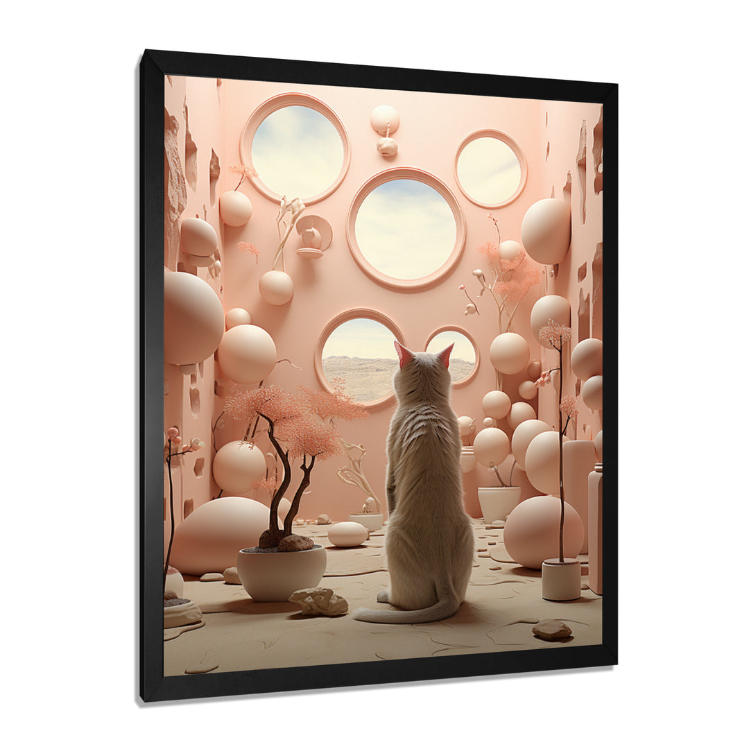 White Cat Pink Futuristic Interior - Cat Framed Canvas Art