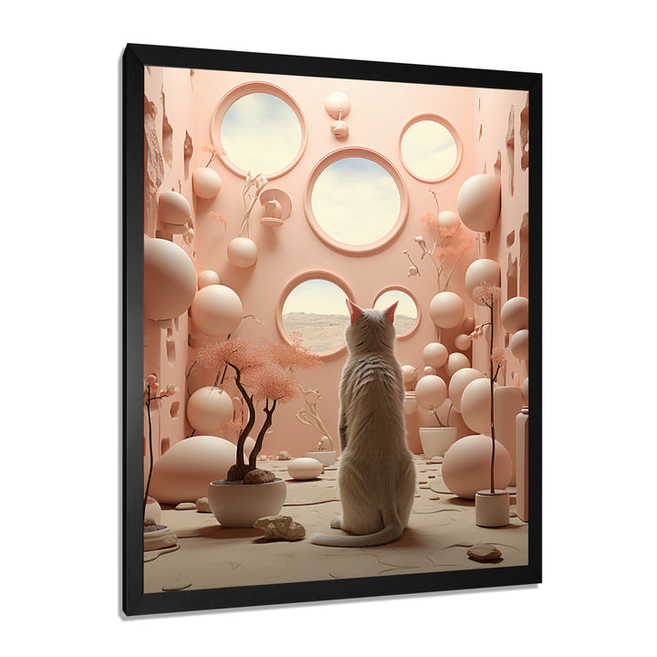 White Cat Pink Futuristic Interior - Cat Framed Canvas Art