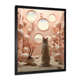 White Cat Pink Futuristic Interior - Cat Framed Canvas Art