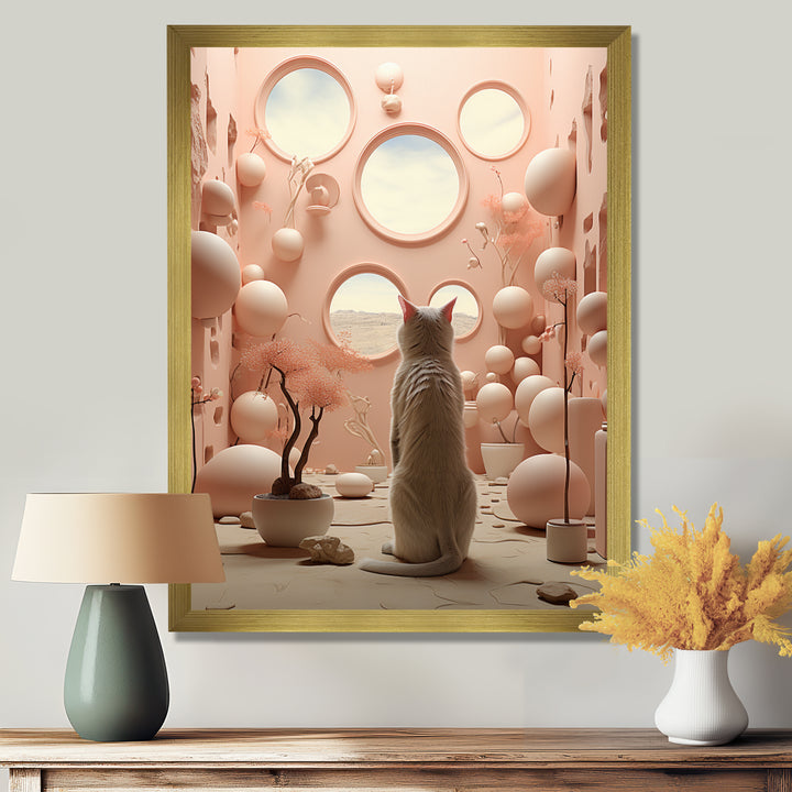 White Cat Pink Futuristic Interior - Cat Framed Canvas Art