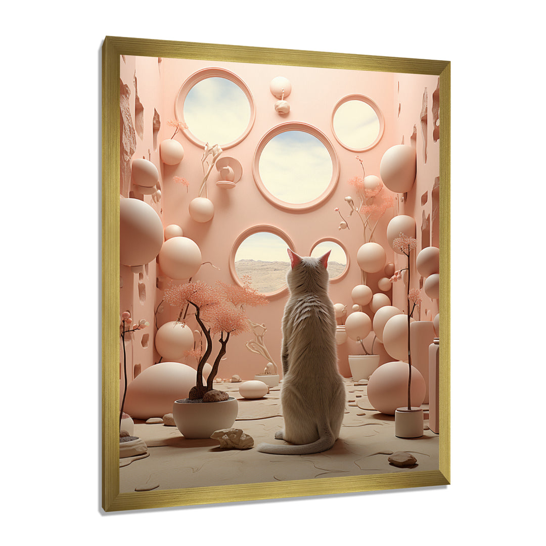White Cat Pink Futuristic Interior - Cat Framed Canvas Art