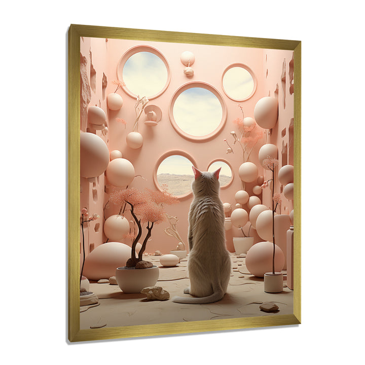 White Cat Pink Futuristic Interior - Cat Framed Canvas Art