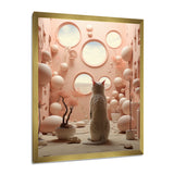 White Cat Pink Futuristic Interior - Cat Framed Canvas Art