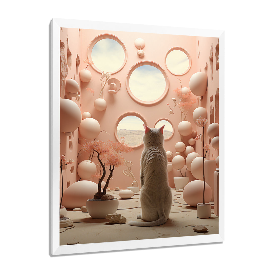 White Cat Pink Futuristic Interior - Cat Framed Canvas Art