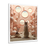 White Cat Pink Futuristic Interior - Cat Framed Canvas Art