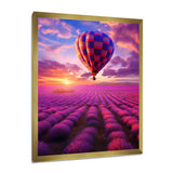 Squared Balloon Flying Over Lavender Fields - Hot Air Balloon Canvas Wall Art