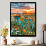 Blue Beach Bike In Spring Flower Field Sunset - Bicycle Canvas Wall Art