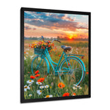 Blue Beach Bike In Spring Flower Field Sunset - Bicycle Canvas Wall Art