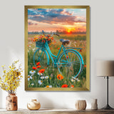 Blue Beach Bike In Spring Flower Field Sunset - Bicycle Canvas Wall Art