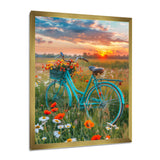 Blue Beach Bike In Spring Flower Field Sunset - Bicycle Canvas Wall Art