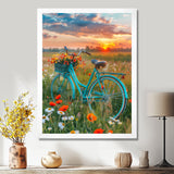 Blue Beach Bike In Spring Flower Field Sunset - Bicycle Canvas Wall Art