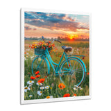 Blue Beach Bike In Spring Flower Field Sunset - Bicycle Canvas Wall Art