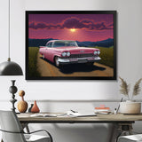 Vintage Pink American Car Purple Sunset - Car Vintage Canvas Wall Art