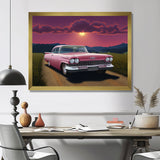Vintage Pink American Car Purple Sunset - Car Vintage Canvas Wall Art