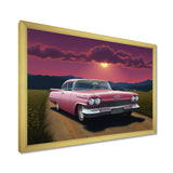 Vintage Pink American Car Purple Sunset - Car Vintage Canvas Wall Art