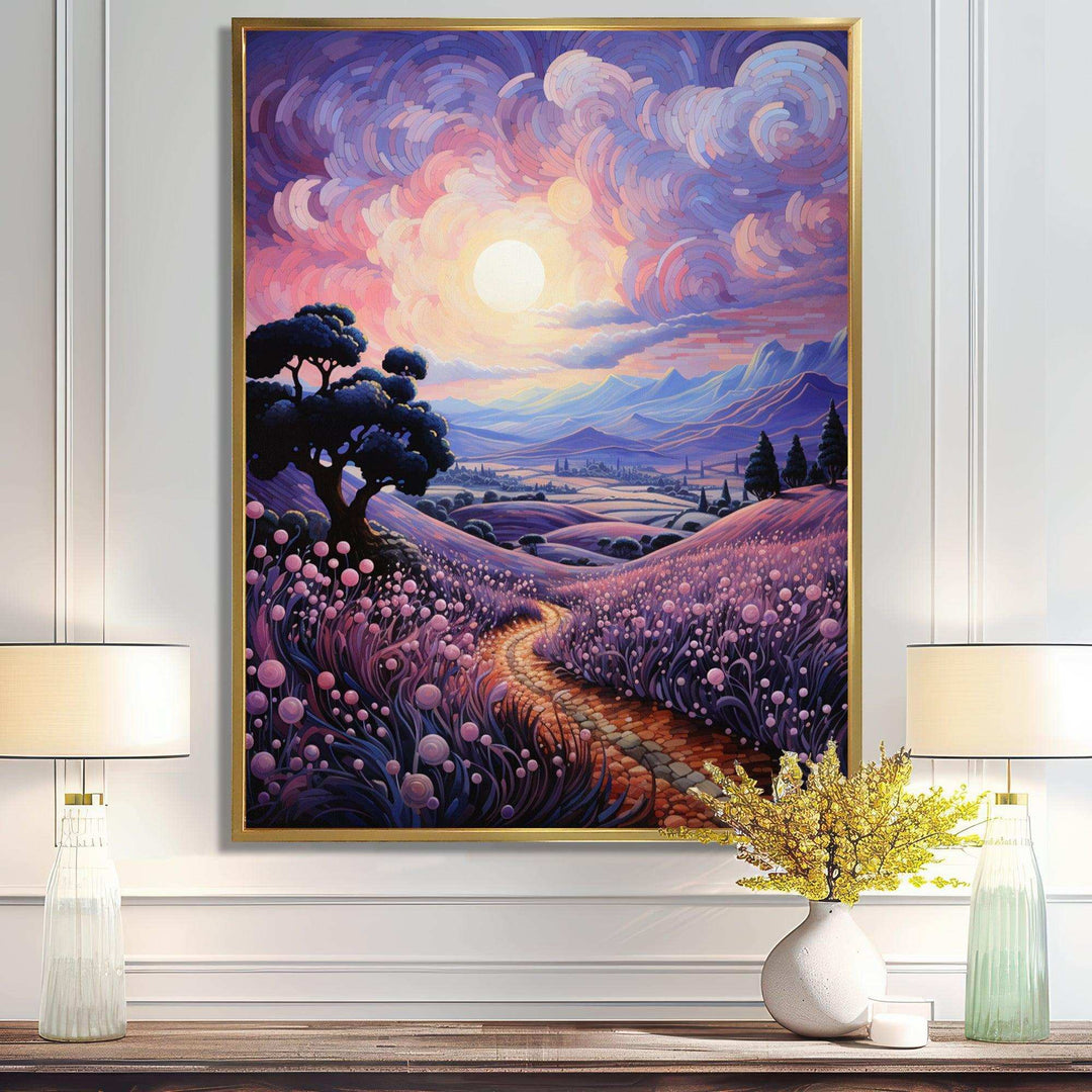 Vangogh Lavender Fields Pointillism I - Landscapes Canvas Wall Art