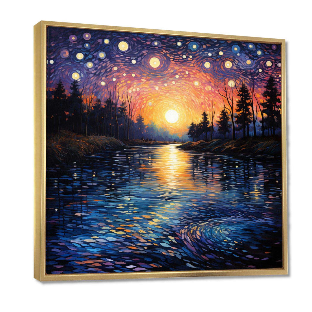 Vangogh Twilight Reflections Pointillism - Landscapes Canvas Wall Art