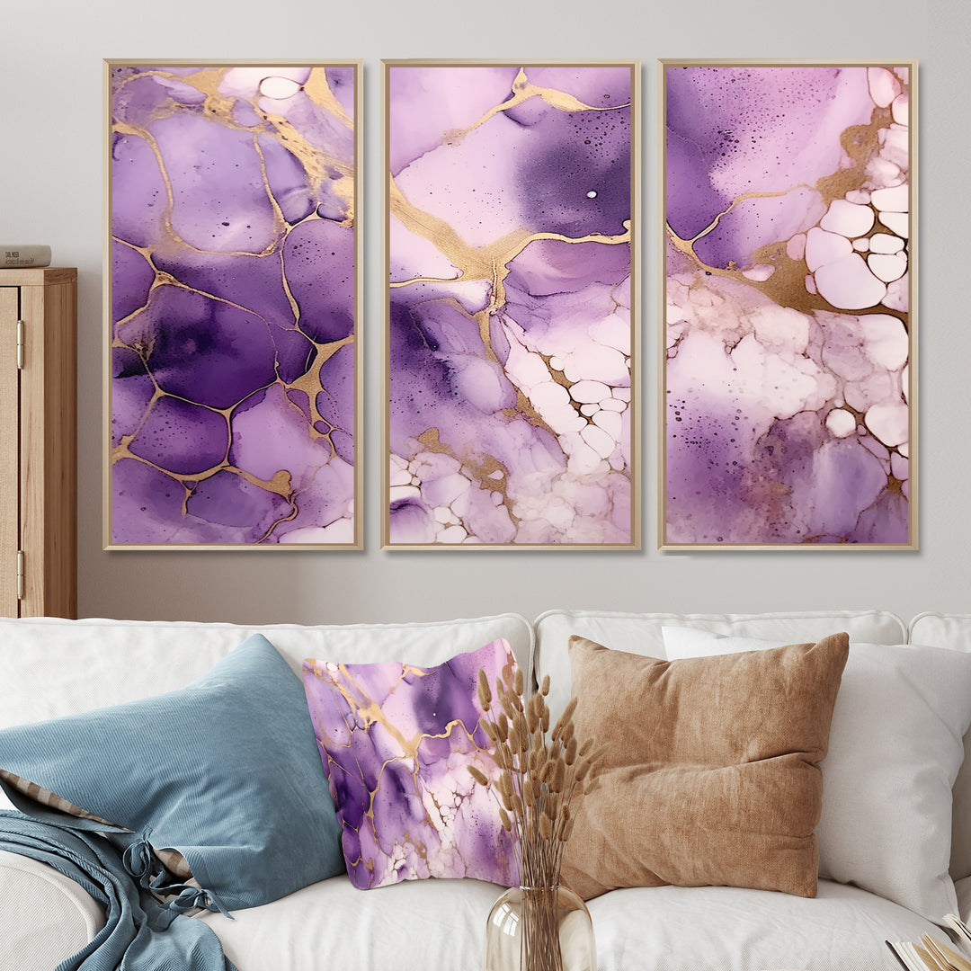Purple and Gold Marble Ink Clouds VII - Split Panel Canvas Art