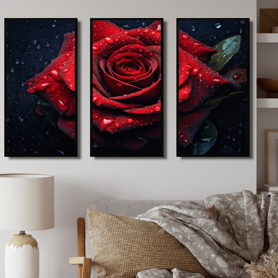 Red Rose with Raindrops VI - Split Panel Canvas Art