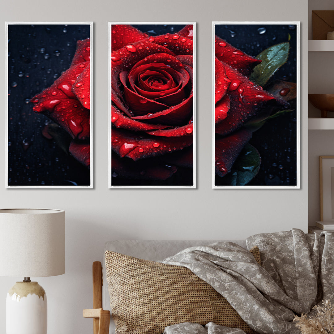 Red Rose with Raindrops VI - Split Panel Canvas Art