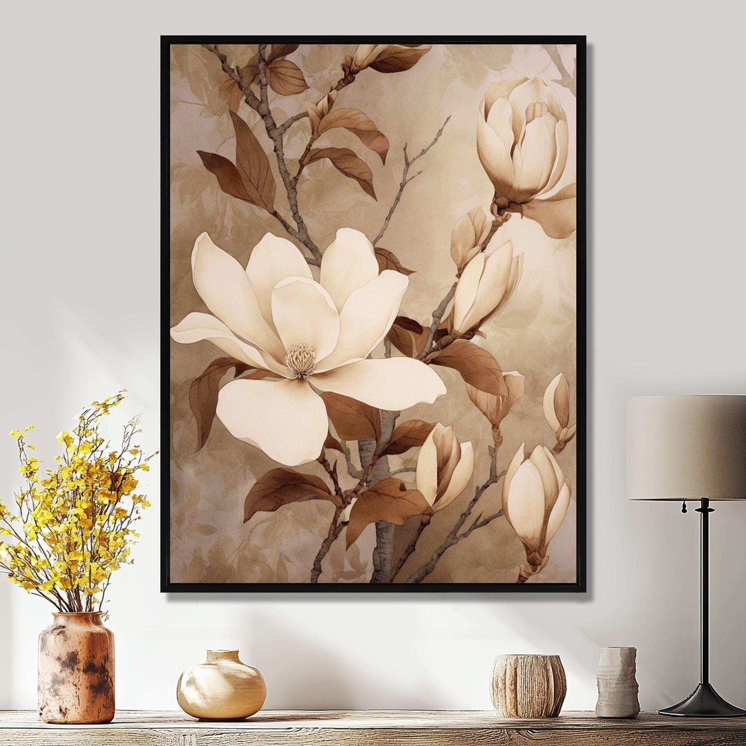 White Brown Magnolias Nature Serenity - Floral Canvas Wall Art