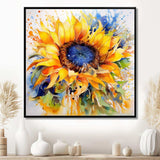 Yellow Blue Golden Cheerful Sunflowers - Floral Canvas Wall Art