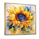 Yellow Blue Golden Cheerful Sunflowers - Floral Canvas Wall Art