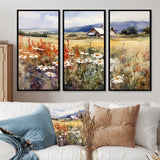 Green White Meadow At The Farm I - 3-Piece Canvas Wall Art
