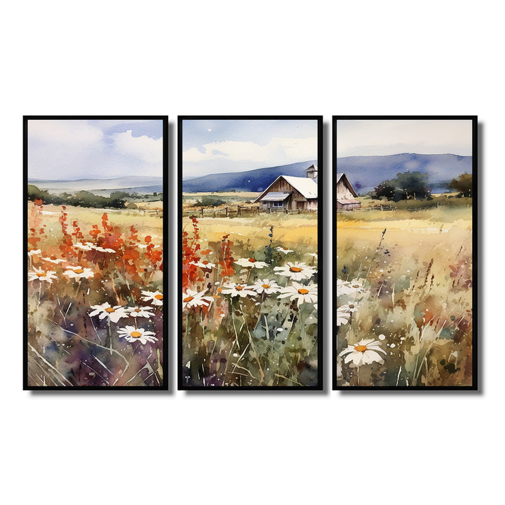 Green White Meadow At The Farm I - 3-Piece Canvas Wall Art