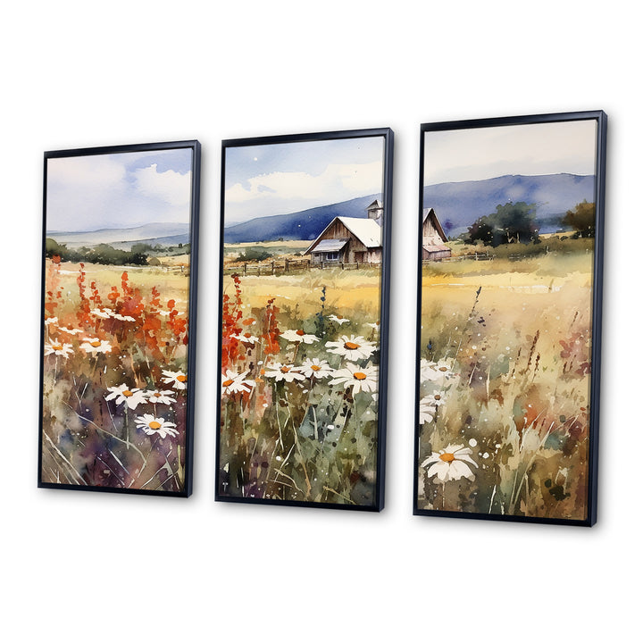 Green White Meadow At The Farm I - 3-Piece Canvas Wall Art