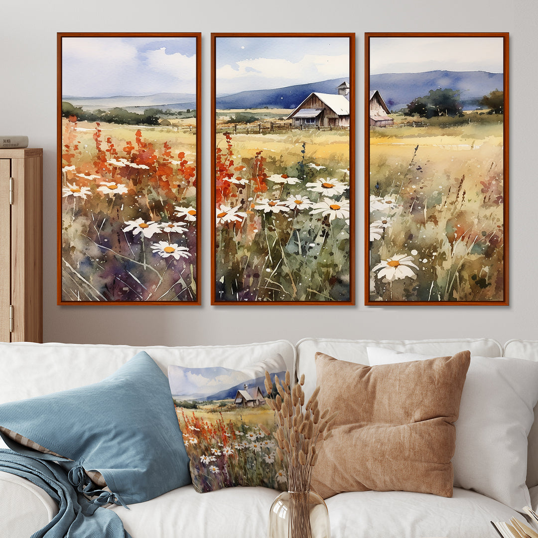 Green White Meadow At The Farm I - 3-Piece Canvas Wall Art