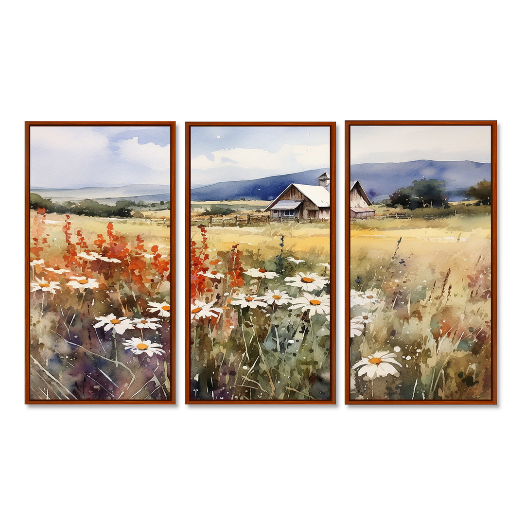 Green White Meadow At The Farm I - 3-Piece Canvas Wall Art
