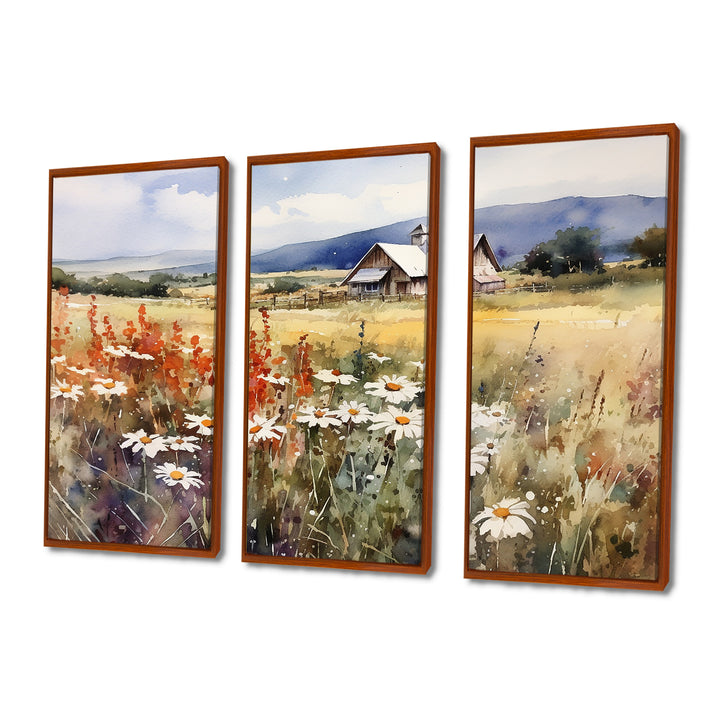 Green White Meadow At The Farm I - 3-Piece Canvas Wall Art