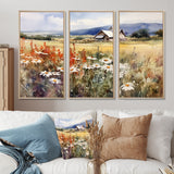Green White Meadow At The Farm I - 3-Piece Canvas Wall Art