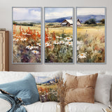 Green White Meadow At The Farm I - 3-Piece Canvas Wall Art