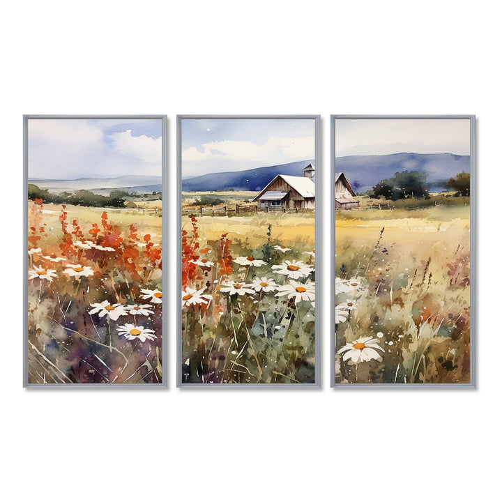 Green White Meadow At The Farm I - 3-Piece Canvas Wall Art