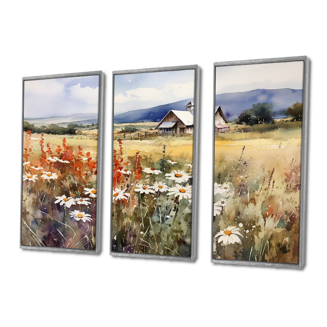 Green White Meadow At The Farm I - 3-Piece Canvas Wall Art