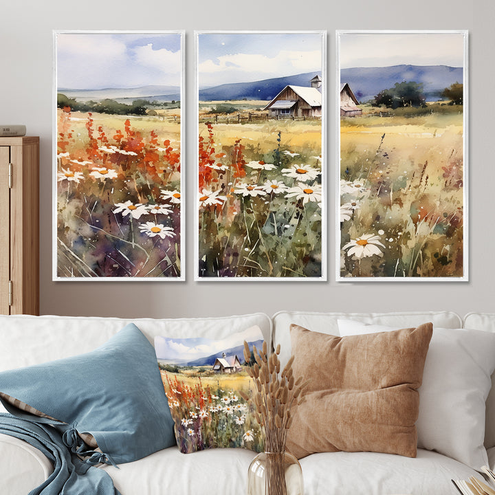 Green White Meadow At The Farm I - 3-Piece Canvas Wall Art