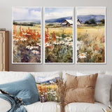 Green White Meadow At The Farm I - 3-Piece Canvas Wall Art