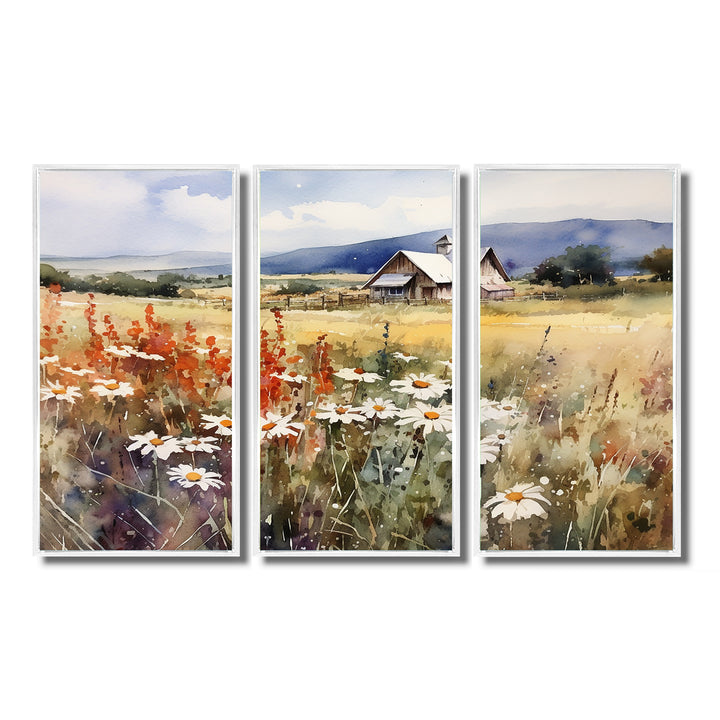 Green White Meadow At The Farm I - 3-Piece Canvas Wall Art