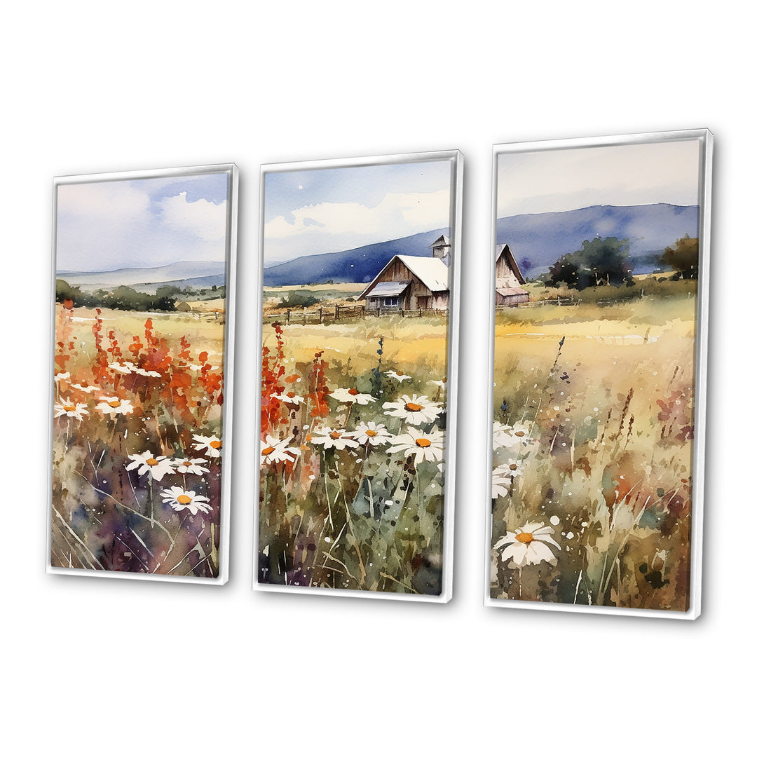 Green White Meadow At The Farm I - 3-Piece Canvas Wall Art