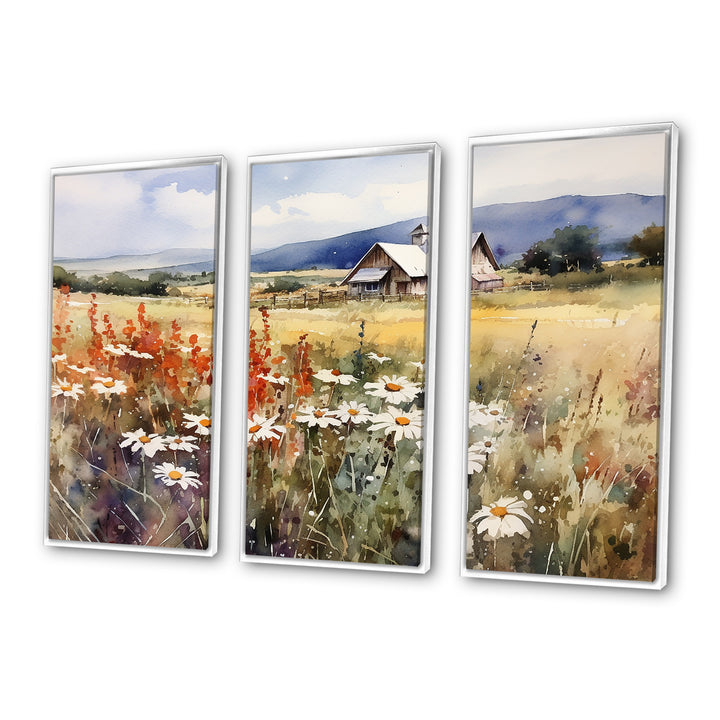 Green White Meadow At The Farm I - 3-Piece Canvas Wall Art