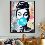 Audrey Hepburn Blue Bubble Gum - People Canvas Wall Art