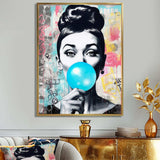 Audrey Hepburn Blue Bubble Gum - People Canvas Wall Art