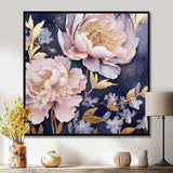 Pink Retro Peonies On Blue - Floral Canvas Wall Art