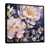 Pink Retro Peonies On Blue - Floral Canvas Wall Art